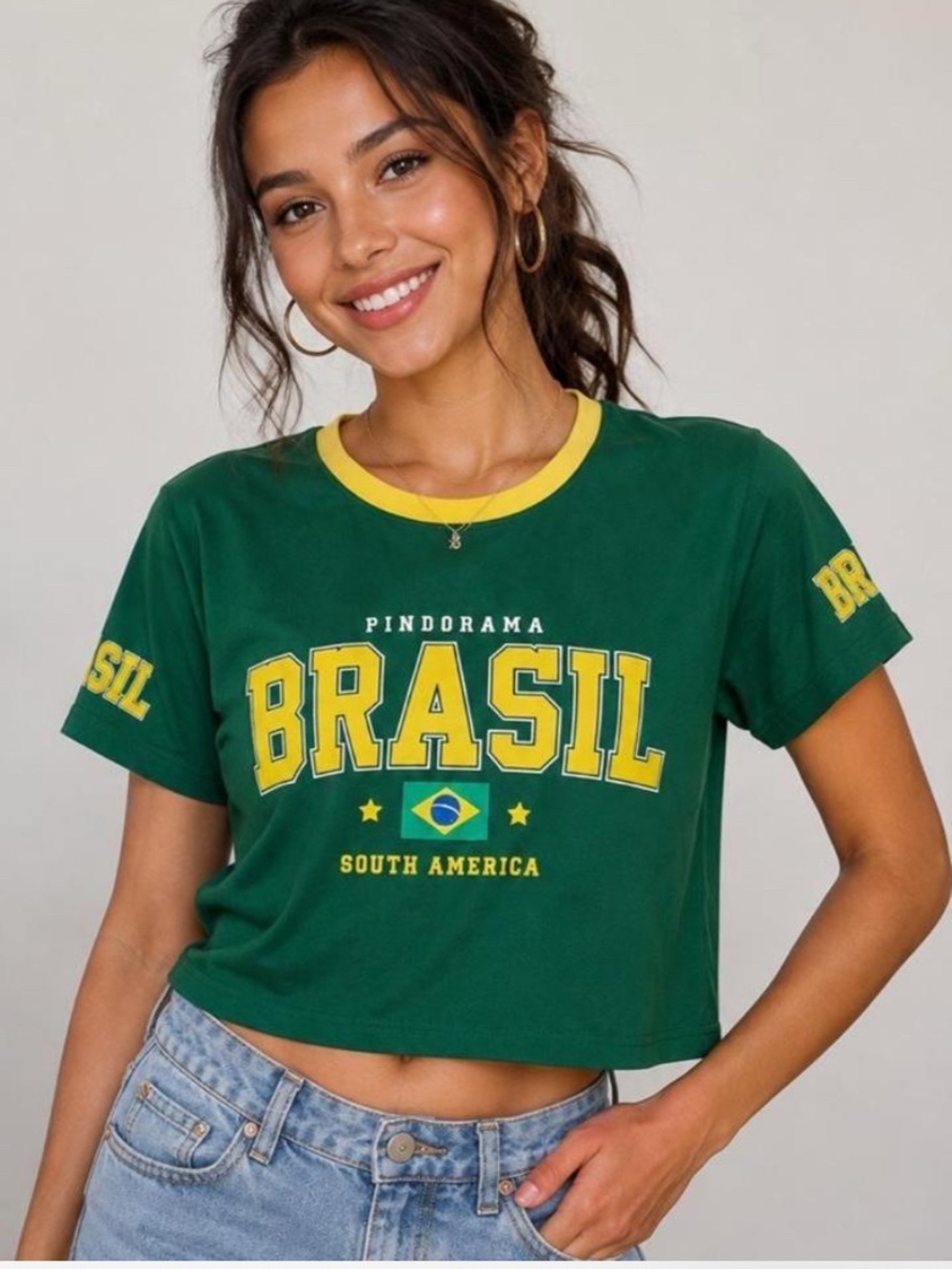 Brasil Green Crop Tee with Yellow Trim size M
